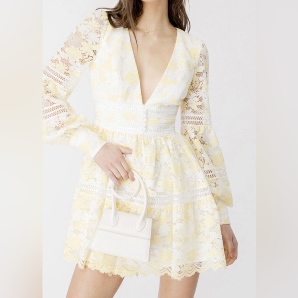 Bardot Yellow and White Long Sleeve Lace Dress